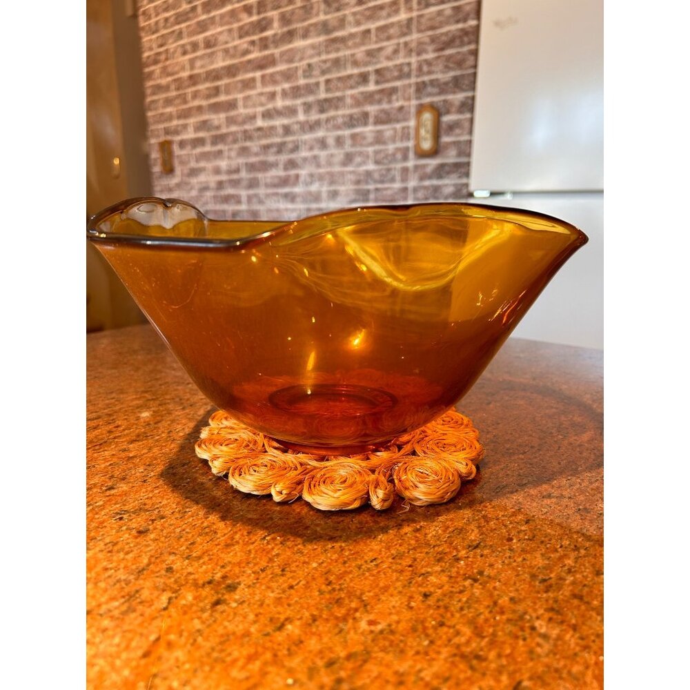Vintage MCM Blenco Amber Tri Corner Art Glass Bowl 9x5"